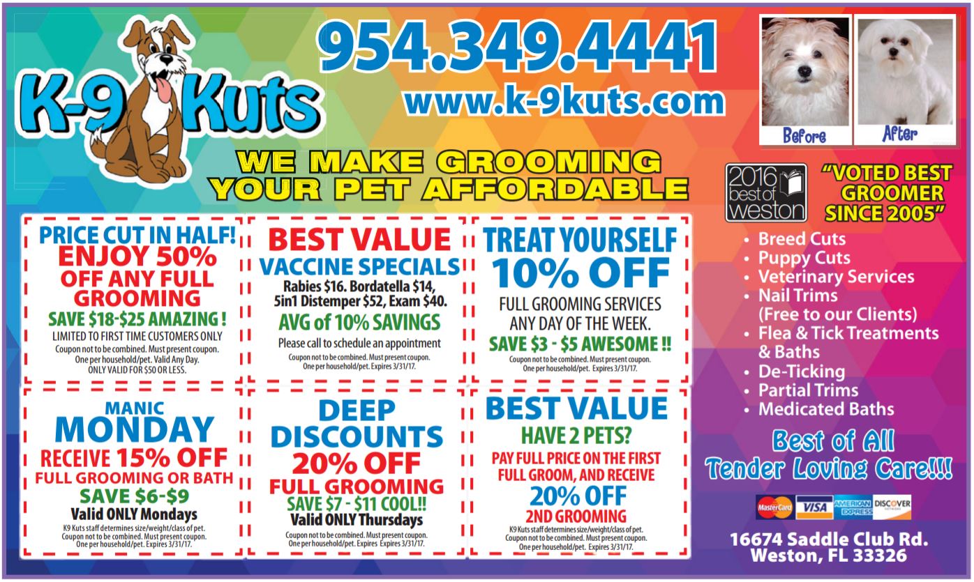 Weston Dog Groomer Releases March 2017 Coupons K9 Kuts Weston's Affordable dog groomer