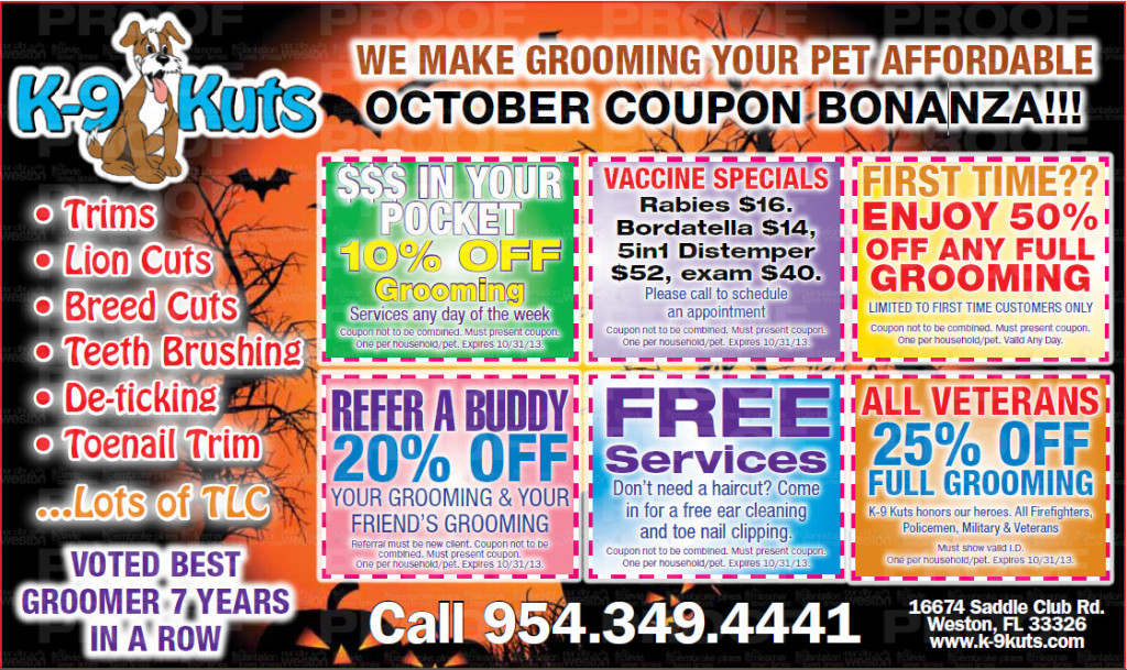 K-9 kuts October 2013 coupons from the affordable dog groomer in Weston